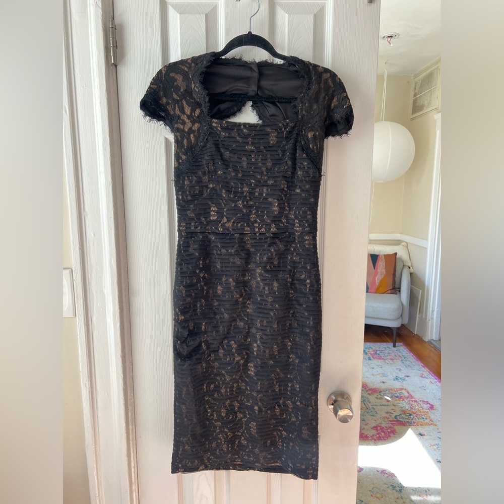 Tadashi Shoji Black and Tan Sheath Dress Puff Sleeve Square Neck Midi